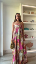 Women's Wedding Guest Floral Maxi Dress – Strapless Flowy Occasion Dress