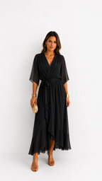 Women's Chiffon Wrap Dress – V-Neck Tie Waist Flowy Occasion Dress