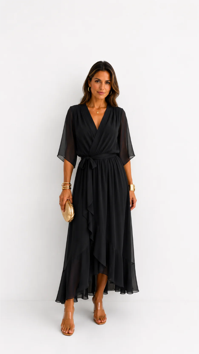 Women's Chiffon Wrap Dress – V-Neck Tie Waist Flowy Occasion Dress