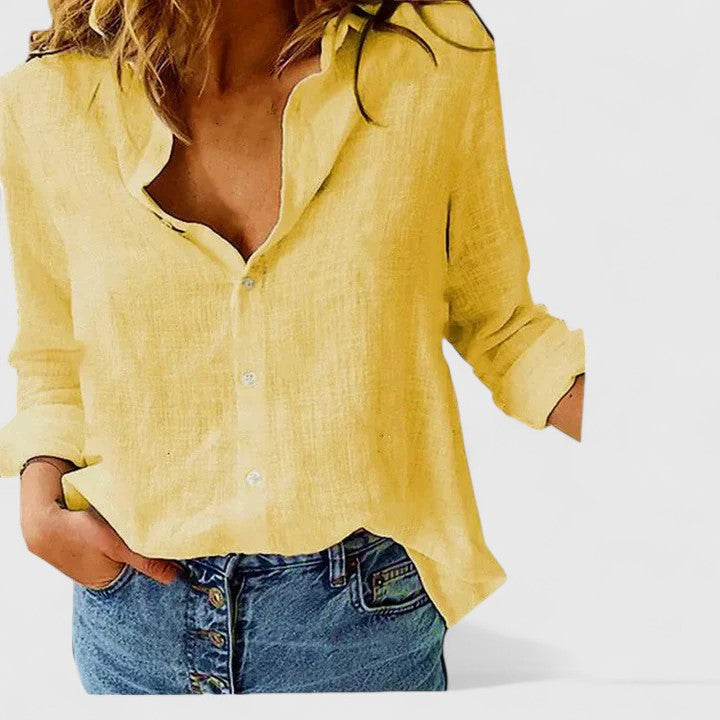 Women's Button Blouse with Henley Neckline and Tab Sleeves