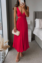 Women's Deep V-Neck Pleated Midi Dress – Side Cutout Cocktail Dress