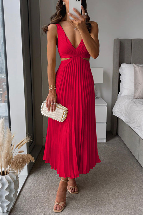 Women's Deep V-Neck Pleated Midi Dress – Side Cutout Cocktail Dress
