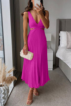 Women's Deep V-Neck Pleated Midi Dress – Side Cutout Cocktail Dress