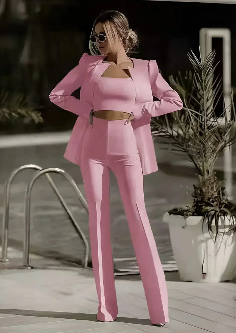 Women's Tailored Three Piece Suit Set – Blazer Crop Top and Trousers Set